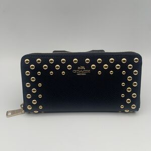 Coach Midnight Blue Pebbled Studded Zip-Around Wallet Gold Horse & Carriage NWT